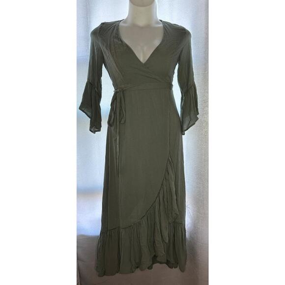 Baltic Born Dresses & Skirts - Baltic Born 3/4 Sleeve Ruffle Trim Wrap Maxi Dress Light Green Women's Size S